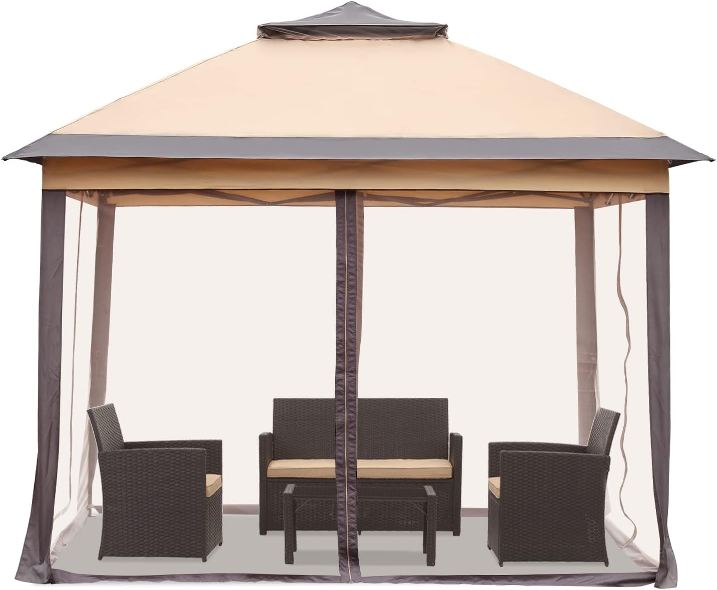 11x11 FT Gazebo Tent, Outdoor Tents for Parties with Mosquito Netting, Folding Heavy Duty Height Adjustable Canopy Tent for Patio Backyard Garden (Brown)