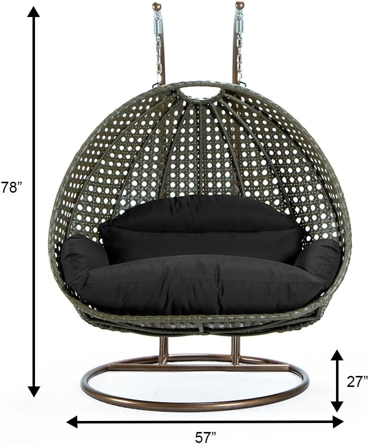 LeisureMod Black Wicker 2 Person Egg Swing Chair with Beige Stand and Cushions – Double Hanging Hammock Lounge for Patio, Indoor & Outdoor Use