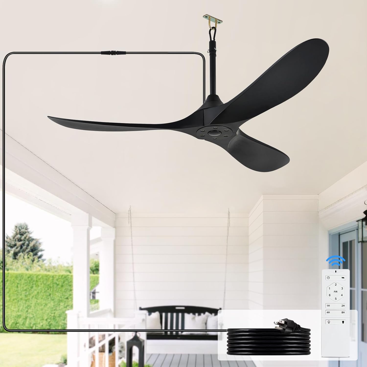 52 inch Outdoor Ceiling Fan no Light Waterproof - Plug in Hanging Hook for Patio, Porch, Gazebo - Wet Rated Weatherproof Exterior Black 3 Blades Ceiling Fan with Remote
