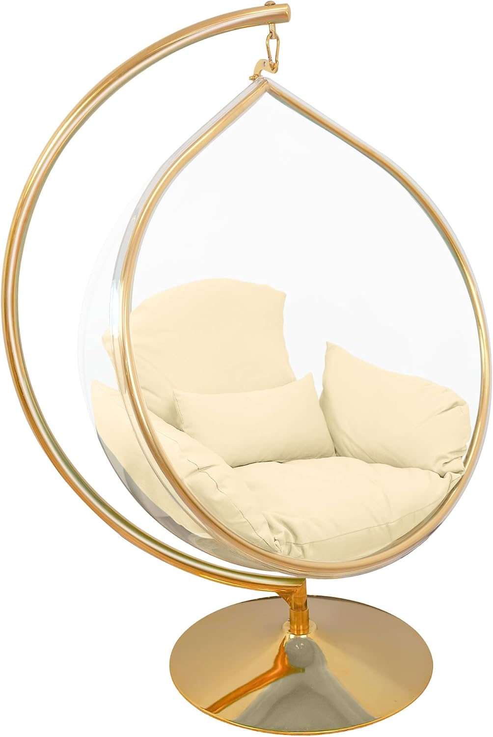Hanging Chair - Transparent Acrylic Bubble, Waterdrop Shape, Indoor Swing Chair with Gold/Chrome Stand, Durable Fabric Cushion - Luxury Accent for Living Room, Bedroom (Gold/Ivory)