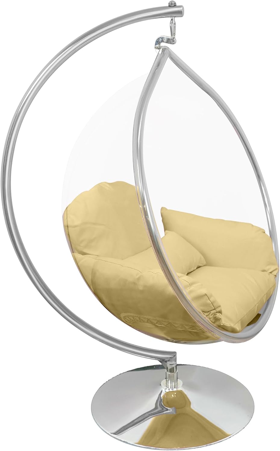 Hanging Chair - Transparent Acrylic Bubble, Waterdrop Shape, Indoor Swing Chair with Gold/Chrome Stand, Durable Fabric Cushion - Luxury Accent for Living Room, Bedroom (Chrome/Beige)