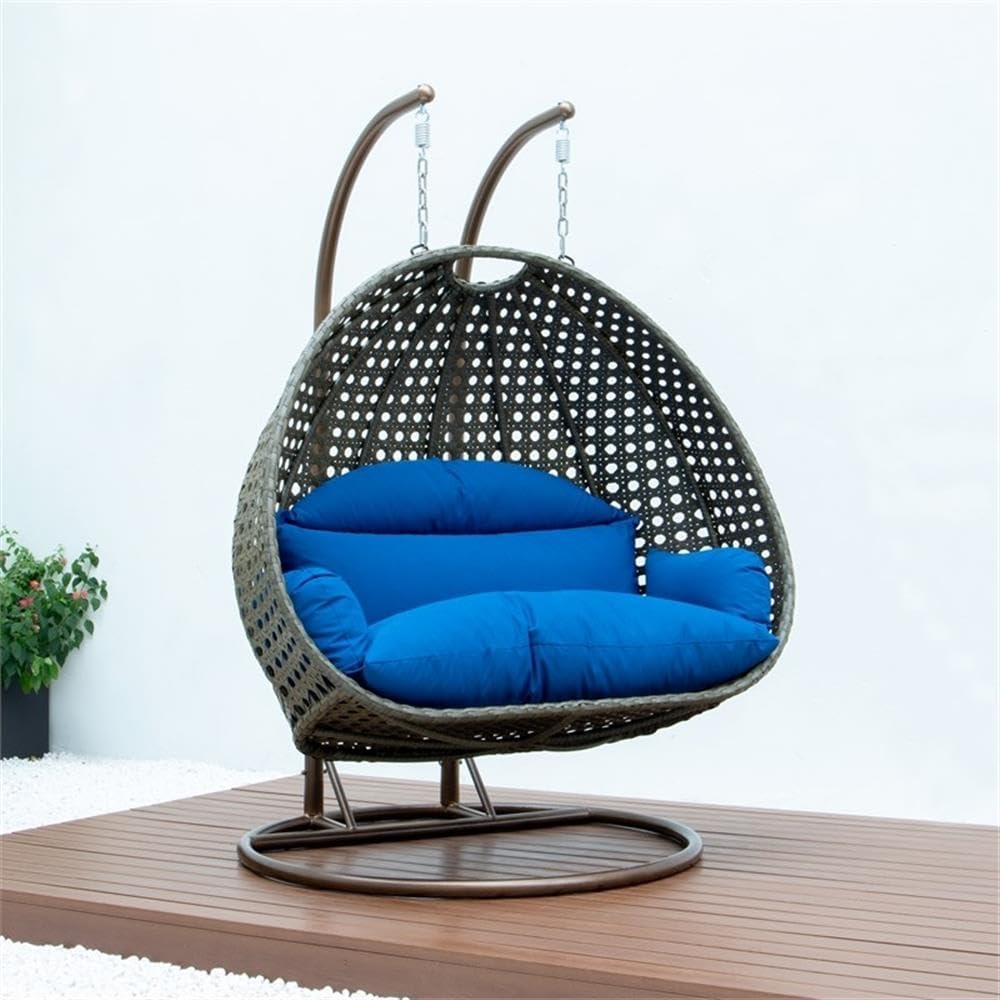 LeisureMod Blue Wicker 2 Person Egg Swing Chair with Beige Stand and Cushions - Double Hanging Hammock Lounge for Patio, Indoor & Outdoor Use