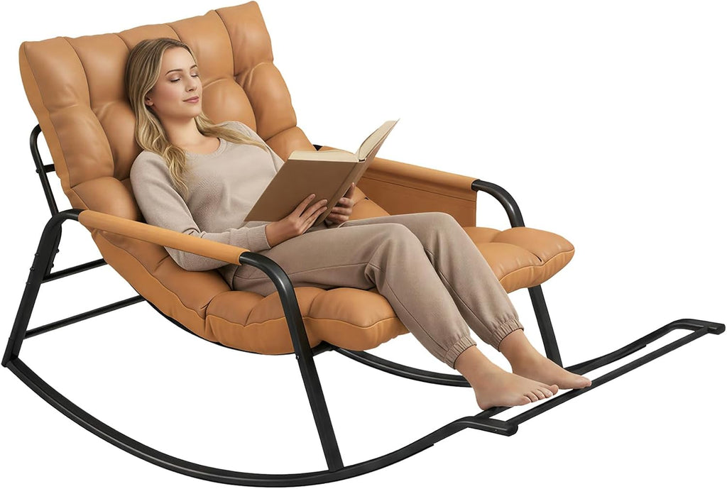 Oversized Indoor Rocking Chair, Plush Papasan Chair with Comfy Padded Cushions & Side Pocket, for Patio Garden, Porch, Lounge, Outdoor, Orange