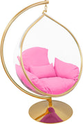 Hanging Chair - Transparent Acrylic Bubble, Waterdrop Shape, Indoor Swing Chair with Gold/Chrome Stand, Durable Fabric Cushion - Luxury Accent for Living Room, Bedroom (Gold/Pink)