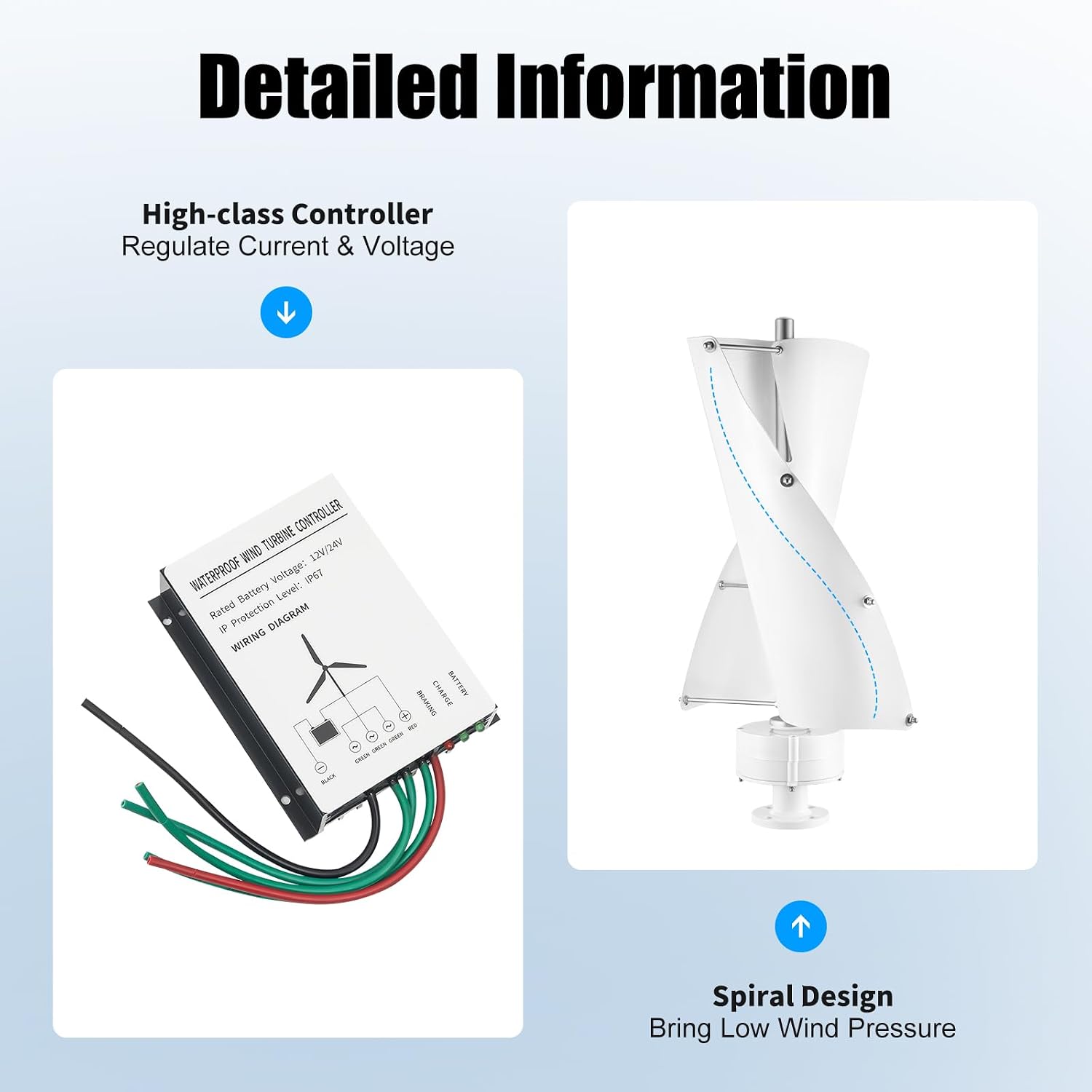 500W Vertical Axis Wind Turbine Generator Kit, 12V/24V Home Windmill with Charge Controller, for Hybrid Wind Solar System, Home Business Industrial Use Energy Power Supply.