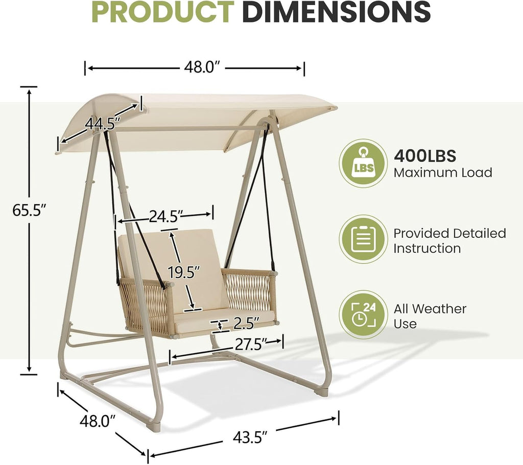 Porch Swing with Stand, Outdoor Swing with Canopy, All Weather Outdoor Swings for Adults, 400lbs Heavy Duty Porch Swings with Removable Cushions, Single Hanging Chair for Small Space, Beige
