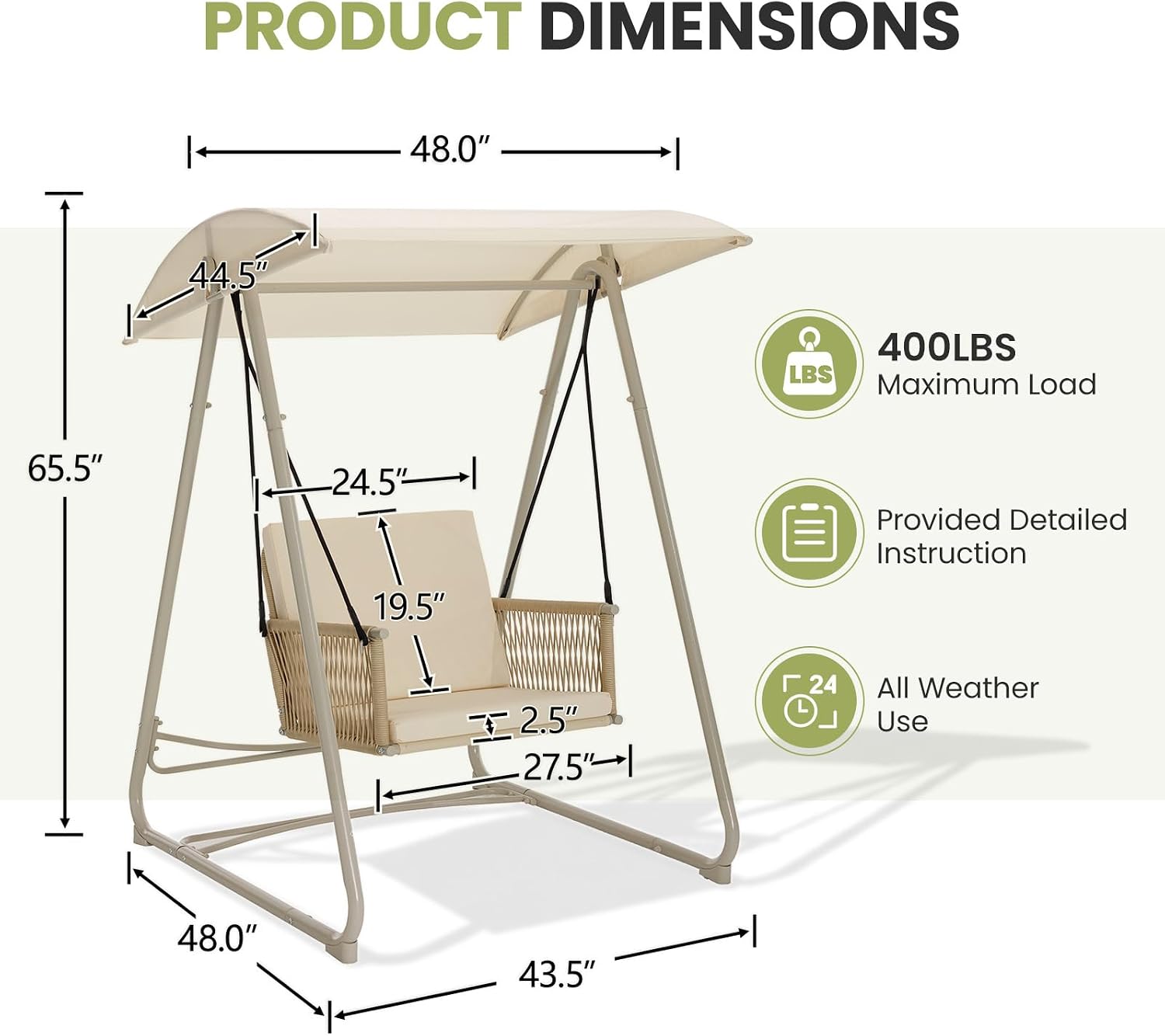 Porch Swing with Stand, Outdoor Swing with Canopy, All Weather Outdoor Swings for Adults, 400lbs Heavy Duty Porch Swings with Removable Cushions, Single Hanging Chair for Small Space, Beige