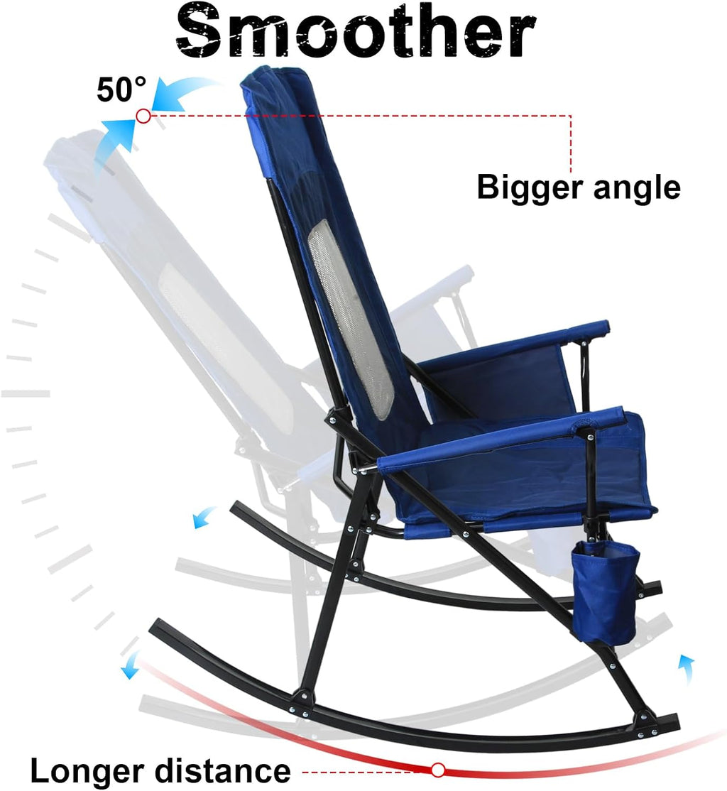 Romswi 2 Pack Rocking Camping Chair for Adult 400LBS Capacity, Heavy Duty Folding Rocking Chairs, Portable Outdoor Rocker with High Back & Hard Armrests for Camping, Beach, Patio, Backyard, Mesh Blue