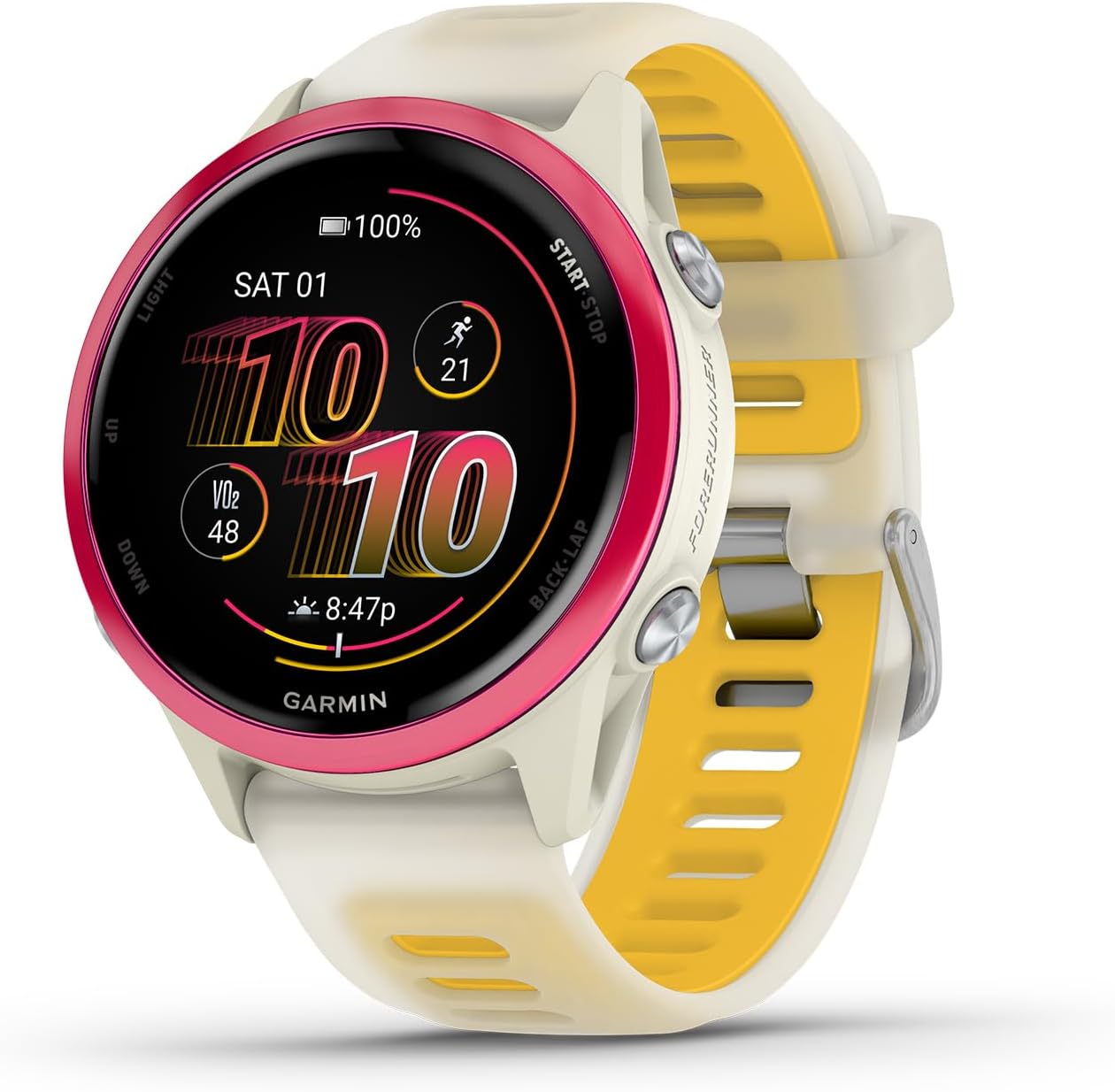 Garmin Forerunner 570 Running Smartwatch, 42MM WiFi, GPS Fitness Smart Watch for Men and Women, Raspberry Aluminum with Translucent Bone/Mango Band Bundle with P-Bank + More