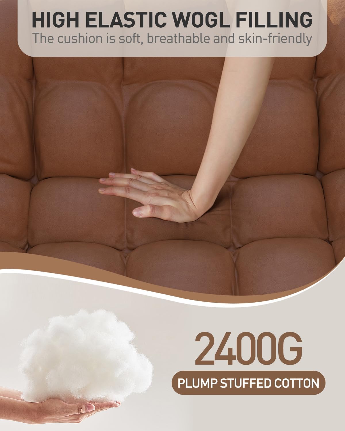 Oversized Indoor Rocking Chair, Plush Papasan Chair with Comfy Padded Cushions & Side Pocket, for Patio Garden, Porch, Lounge, Outdoor, Orange