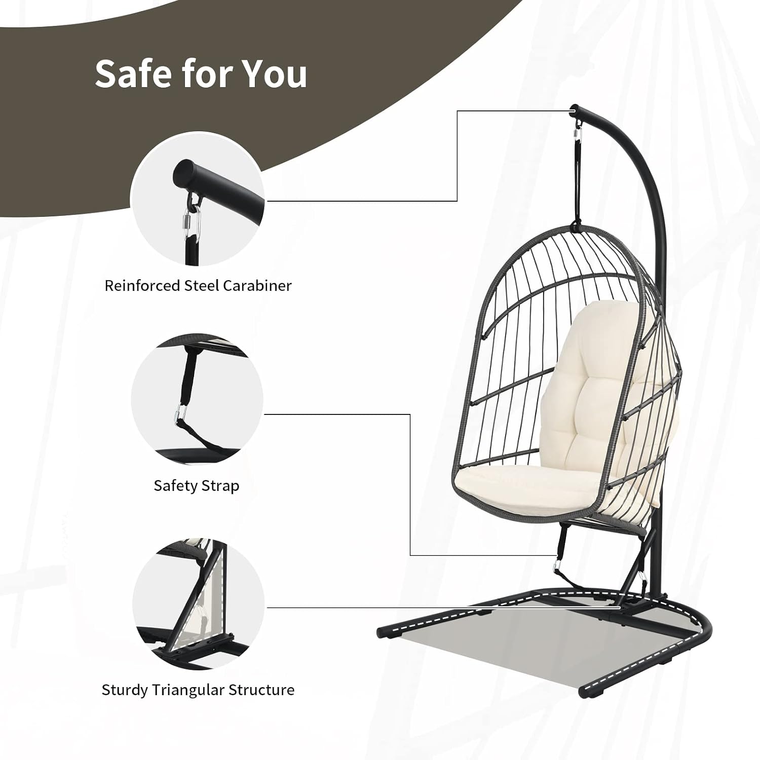 Giantex Hanging Egg Chair with Stand, Outdoor Indoor Foldable Swing Chair with Cushions, Rattan Hanging Basket Chairs with C Hammock Stand, Hanging Hammock Chair for Bedroom Balcony Patio (Beige)