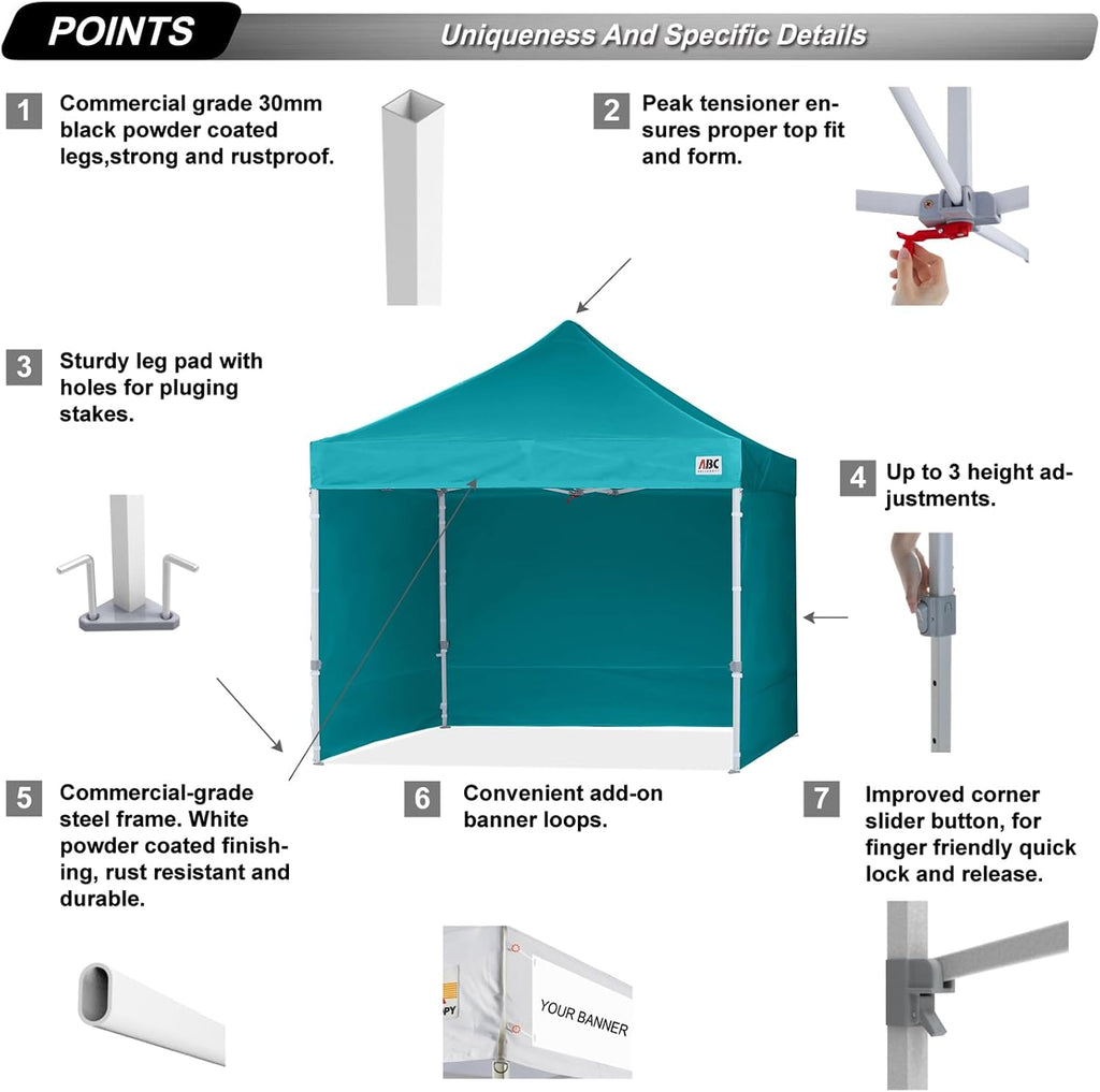 ABCCANOPY Easy Pop Up Canopy Tent with Sidewalls 10x10 Commercial -Series, Turquoise