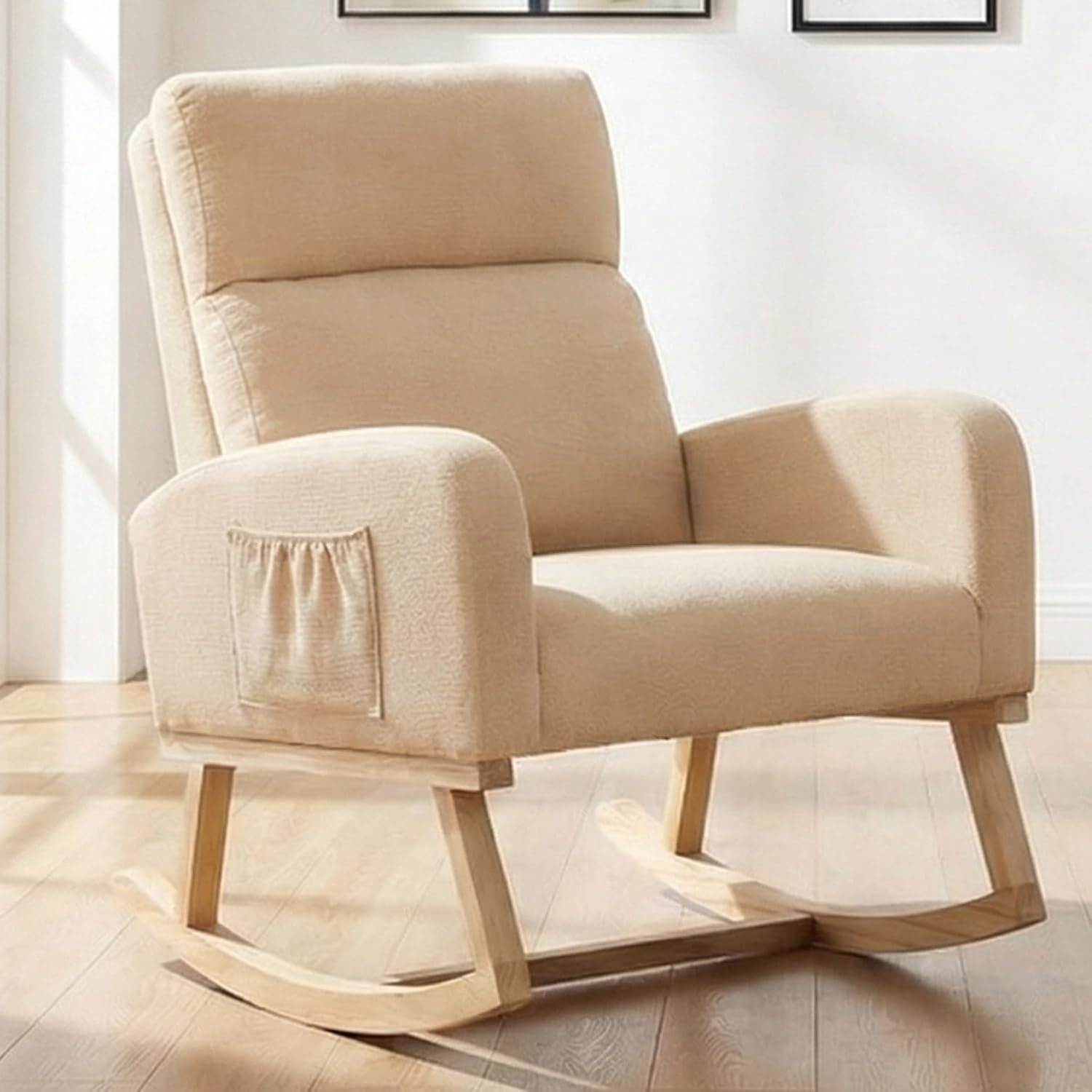 Rocking Chair Nursery, Nursery Rocker Chairs for Mom with High Backrest and Solid Wood Legs, Modern Glider Chairs for Nursing Living Room Bedroom, Khaki