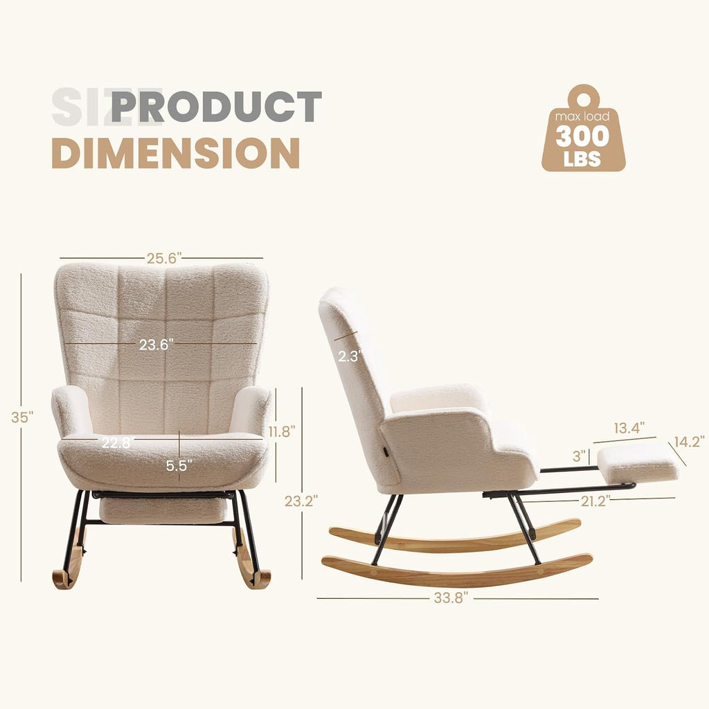 Furniliving Nursery Rocking Chair Modern Armchair Upholstered Glider Rocking Chair Accent Chair with Retractable Footrest Reading Chair with High Backrest Solid Wood Base for Bedroom, White, Teddy