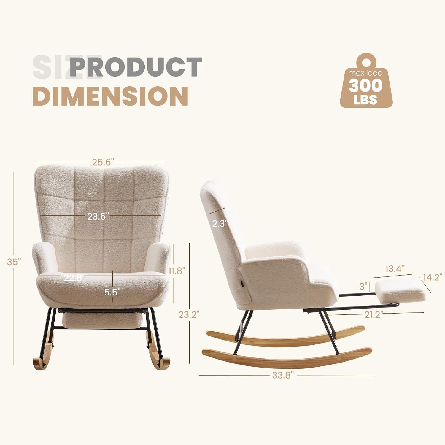 Furniliving Nursery Rocking Chair Modern Armchair Upholstered Glider Rocking Chair Accent Chair with Retractable Footrest Reading Chair with High Backrest Solid Wood Base for Bedroom, White, Teddy