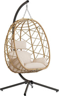 SWITTE Hanging Egg Chair with Stand, Outdoor Indoor Rattan Wicker Egg Swing Chair with Cushion, Heavy Duty Patio Hammock Chairs for Garden Backyard Balcony Bedroom, 400LBS Capacity, Cream