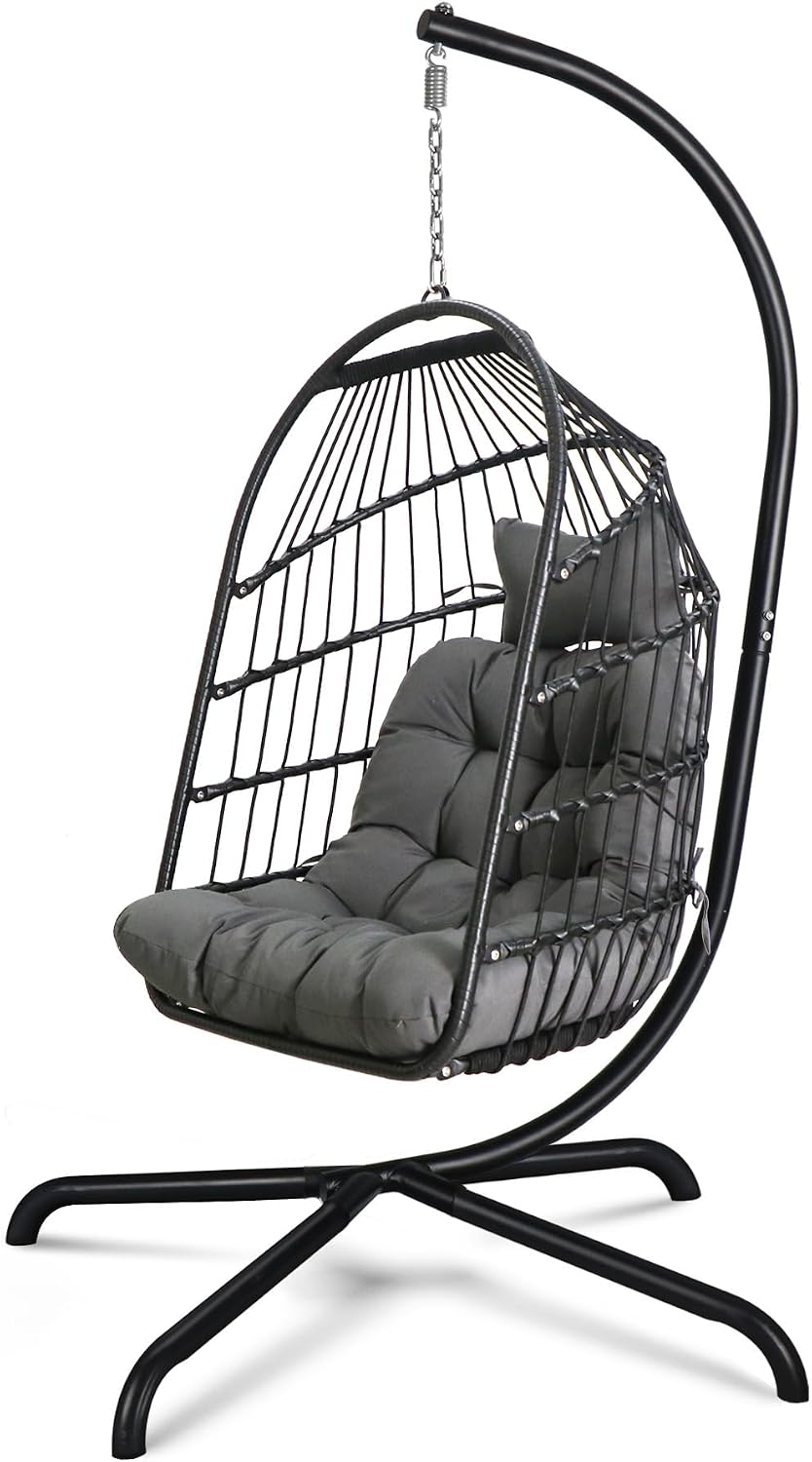 Chihee Egg Chair with Ultra Strong Stand and Cushion Foldable Wicker Rattan Hanging Chair Indoor Outdoor Patio Lounging Chair 330 lbs Capacity Balcony Porch Bedroom Garden