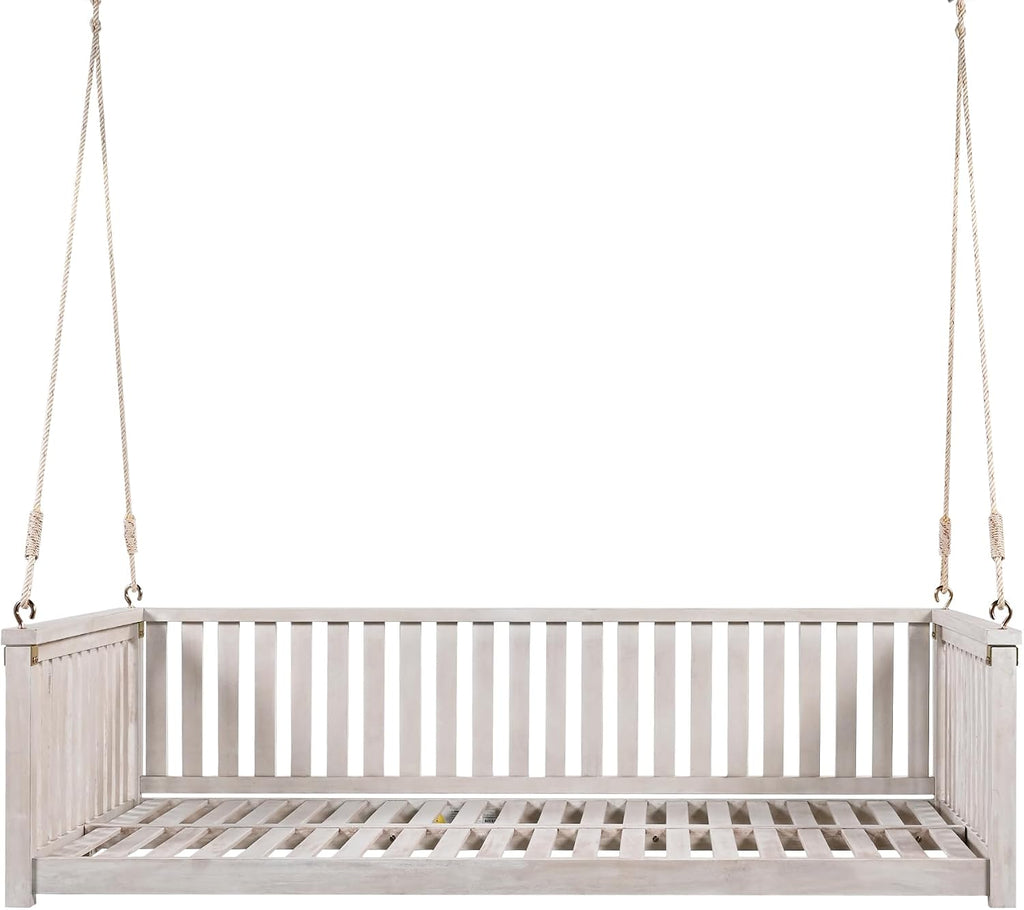 Minimalist 2-Person Acacia Wood Swing Bed, Patio Porch Swing with Ropes for Backyard Garden, Safe Sloped Design,Mattress, Cushions and Pillows not Included(White/Acacia)