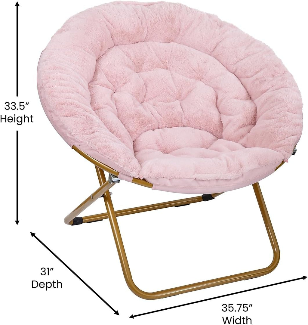 Flash Furniture Gwen Oversize Folding Saucer Chair - Blush Faux Fur Moon Chair - Soft Gold Metal Frame - 38' Portable Folding Chair - for Dorm and Bedroom