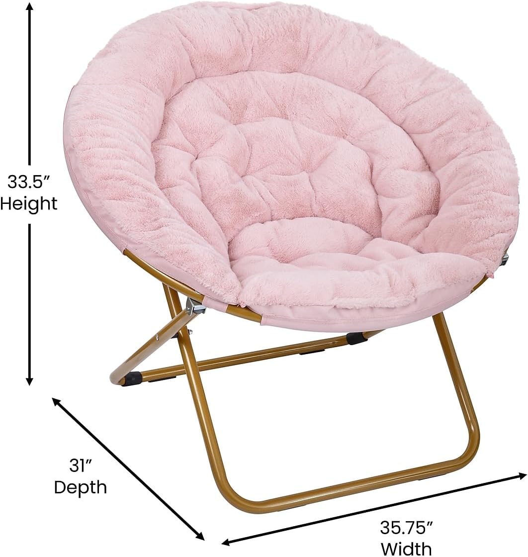 Flash Furniture Gwen Oversize Folding Saucer Chair - Blush Faux Fur Moon Chair - Soft Gold Metal Frame - 38' Portable Folding Chair - for Dorm and Bedroom