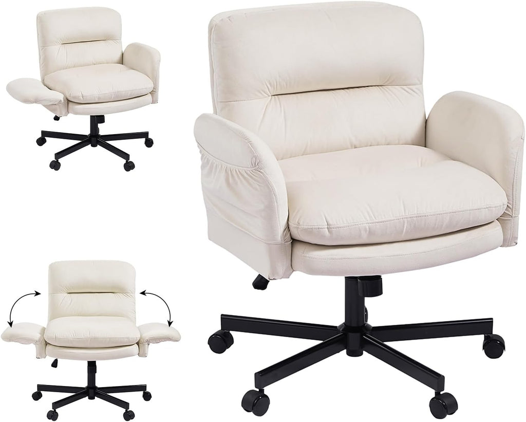 Bestier Criss Cross Chair with Flip-Up Armrests, Swivel Makeup Vanity Chair with Wheels & Side Pockets, Cross Legged Office Chair for Home Office, Bedroom, Beige Velvet