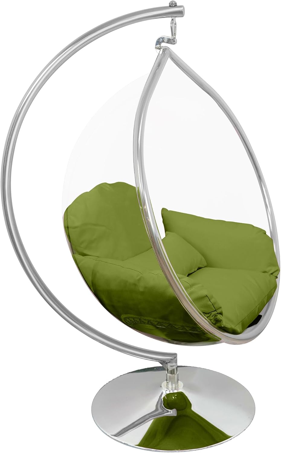 Hanging Chair - Transparent Acrylic Bubble, Waterdrop Shape, Indoor Swing Chair with Gold/Chrome Stand, Durable Fabric Cushion - Luxury Accent for Living Room, Bedroom (Chrome/Green)