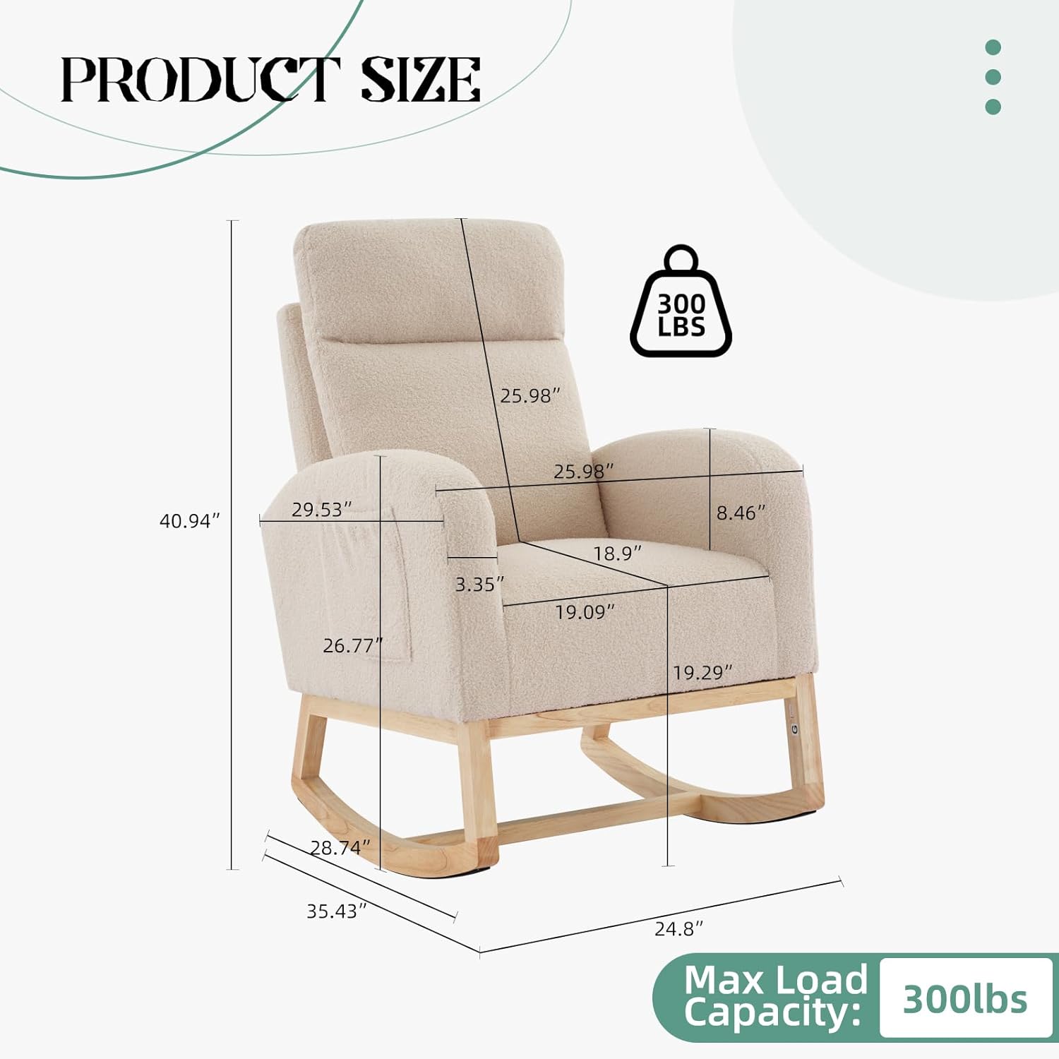 GarveeHome Rocking Chair Nursery,Glider Chair Nursery Chair with High Back and Side Pocket, Rocking Accent Armchair with Rubber Wood Legs for Living Room/Bedroom/Nursery