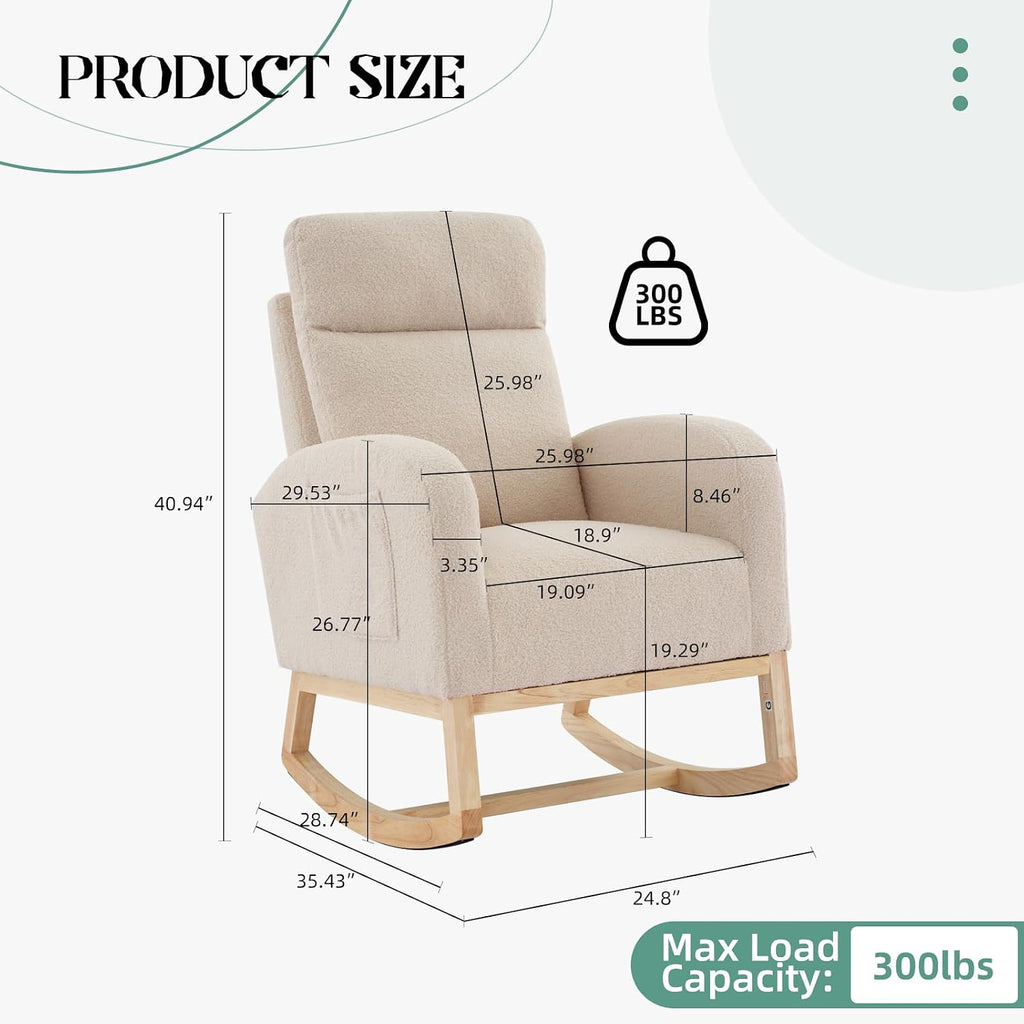 Upholstered Rocking Chair, Glider Chair Nursery Chair with High Back and Side Pocket, Rocking Accent Armchair with Rubber Wood Legs for Living Room/Bedroom/Nursery