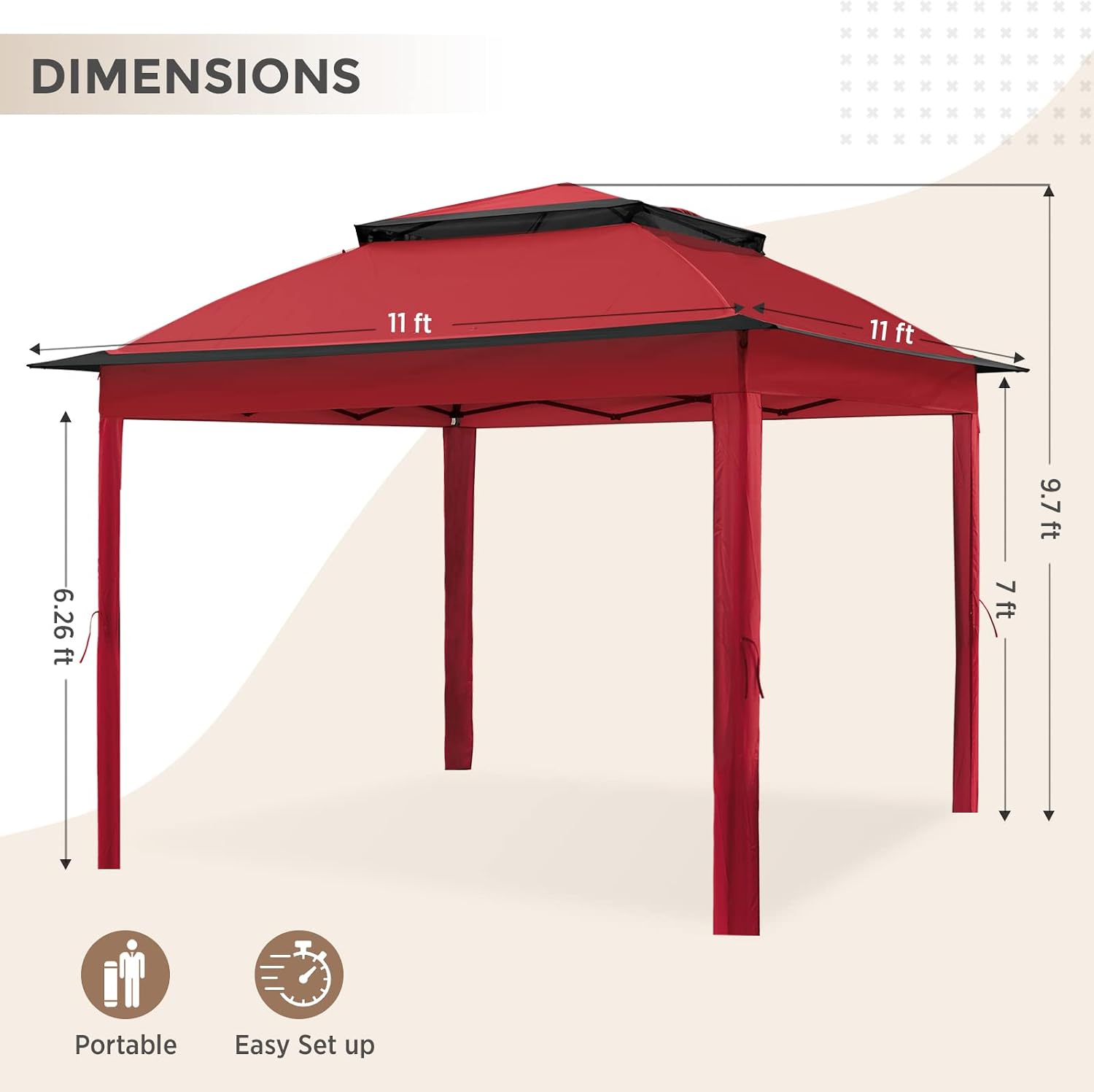 COOS BAY 11x11 Replacement Gazebo Top with Air Vent Sunshade Polyester Top Cover Only, Red
