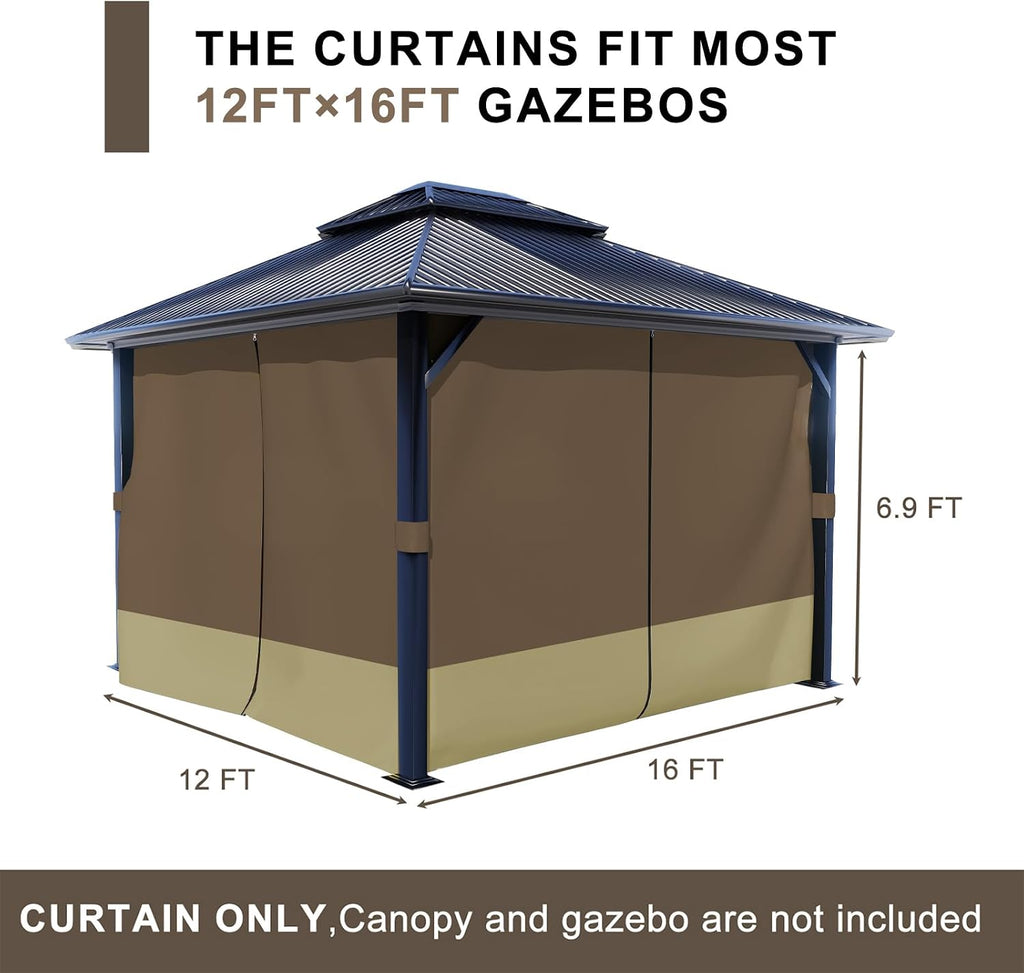 BPS 12' x 16' Gazebo Privacy Curtains with Double Zipper, 4-Panels Side Wall Universal Gazebo Side Panels Replacement for Patio, Outdoor Canopy, Garden and Backyard (Curtain Only)