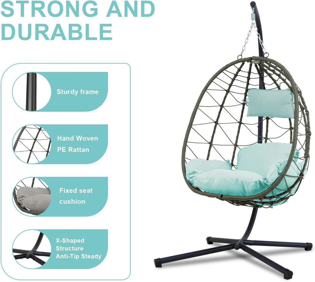 Hanging Egg Chair with Stand Egg Chair Indoor Outdoor, Patio Swing Hammock Egg Chairs, UV Resistant Removable & Washable Thicken Padded Cushions, 350LBS Capacity for Bedroom, Balcony, Garden