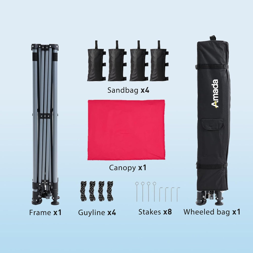Amada 10x10 Pop Up Canopy - Center Lock One Push Instant Setup Wheeled Gazebo Outdoor Canopy Beach Tent with STO-N-Go Bag 8 Stakes & 4 Sand Bags, 3-Height Adjustable Shade Shelter (10x10ft, Red)