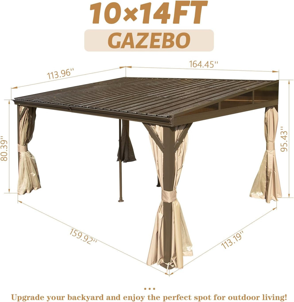 Domi 10x14FT Wall-Mounted Hardtop Gazebo, Aluminum Lean to Gazebo with Galvanized Steel Sloping Roof, Curtains & Netting for Outdoor Patio, Deck, Backyard, Garden Parties