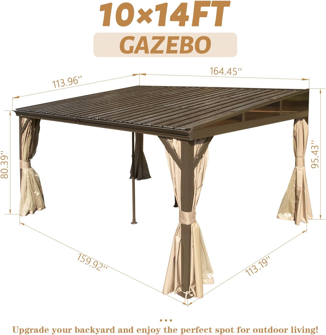 Domi 10x14FT Wall-Mounted Hardtop Gazebo, Aluminum Lean to Gazebo with Galvanized Steel Sloping Roof, Curtains & Netting for Outdoor Patio, Deck, Backyard, Garden Parties