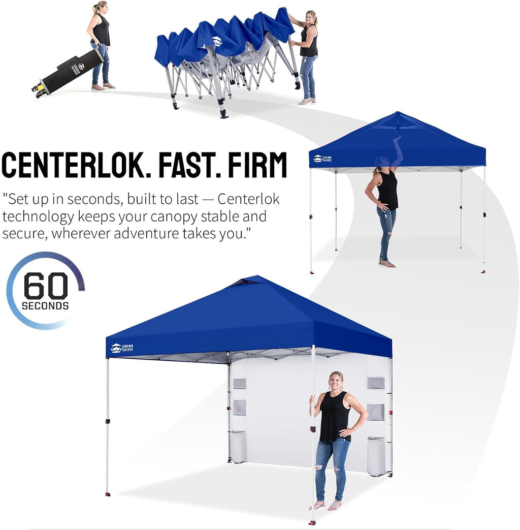 CROWN SHADES Canopy Tent, 10 x 10 Foot Portable Pop Up Outdoor Shelter with Pocket Sidewall, Push Center Lock, UV Protection, and Carry Bag, Navy Blue