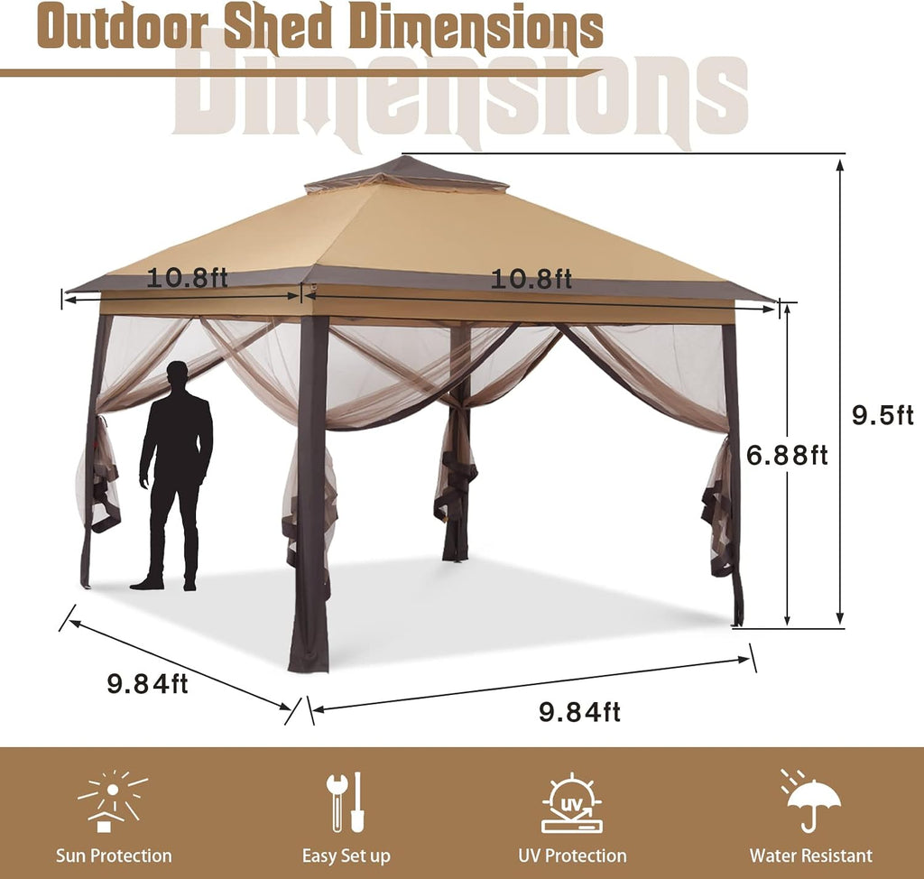 11x11 FT Gazebo Tent, Outdoor Tents for Parties with Mosquito Netting, Folding Heavy Duty Height Adjustable Canopy Tent for Patio Backyard Garden (Brown)