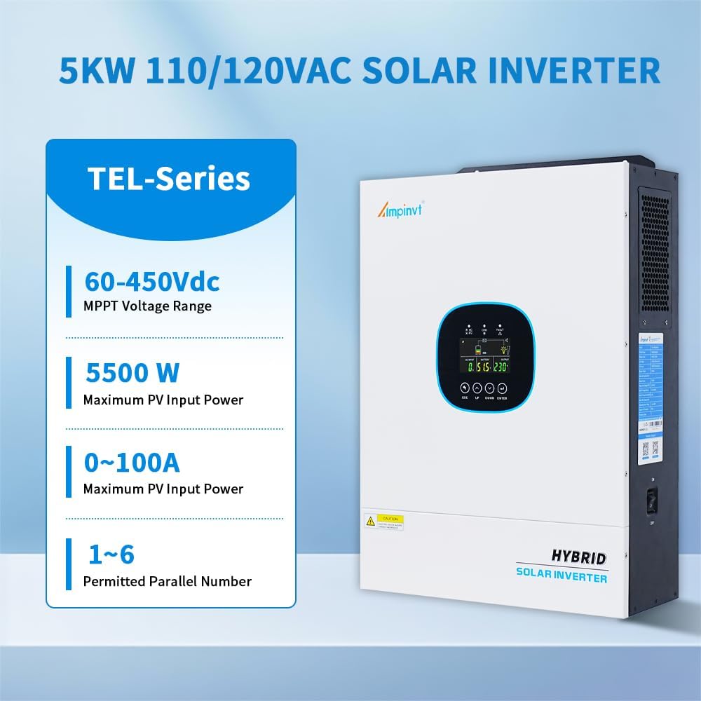 Ampinvt 5000W Off Grid Hybrid Solar Inverter 48Vdc to 110/120Vac, inbuilt 100A MPPT Solar Charger, Max PV Input 5500W 500Vdc, Support up to 6 in Parallel, Lead Acid Lithium Battery, Home use