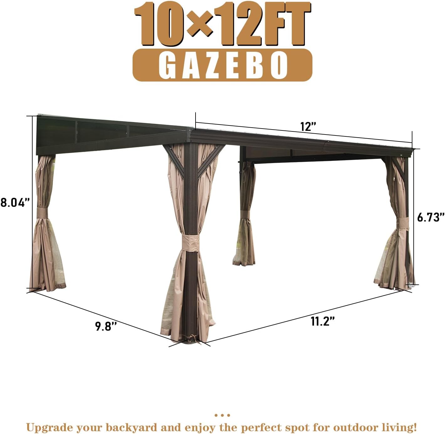 Domi 10x12FT Wall-Mounted Hardtop Gazebo, Aluminum Lean to Gazebo with Galvanized Steel Sloping Roof, Curtains & Netting for Outdoor Patio, Deck, Backyard, Garden Parties