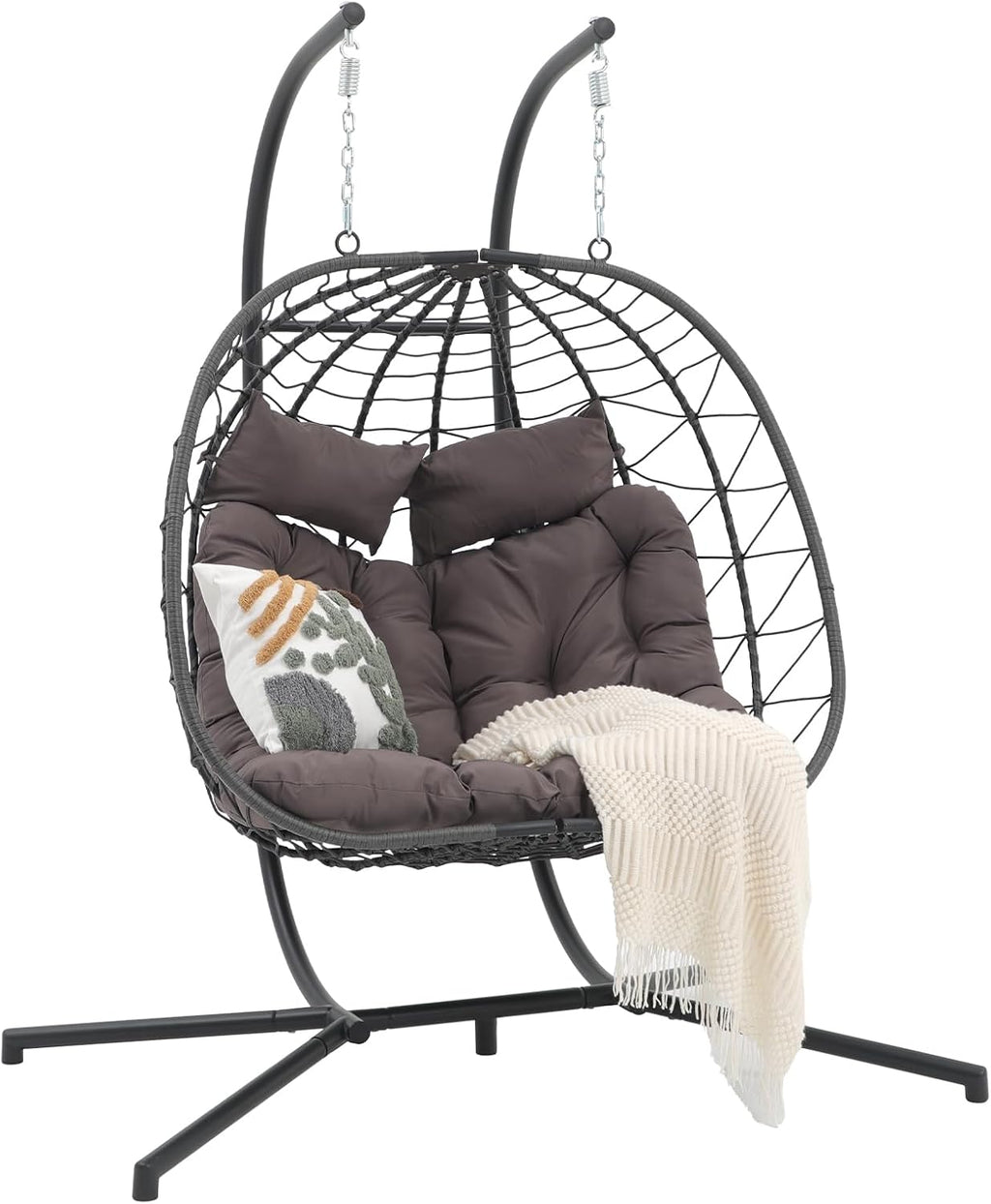 Patiorama 2 Person Double Egg Swing Chair with Stand Indoor Outdoor, Patio Wicker Rattan Hanging Egg Chair w/Cushion, Pillow, Foldable Hammock Chair 550lbs for Bedroom, Balcony, Garden (Dark Grey)