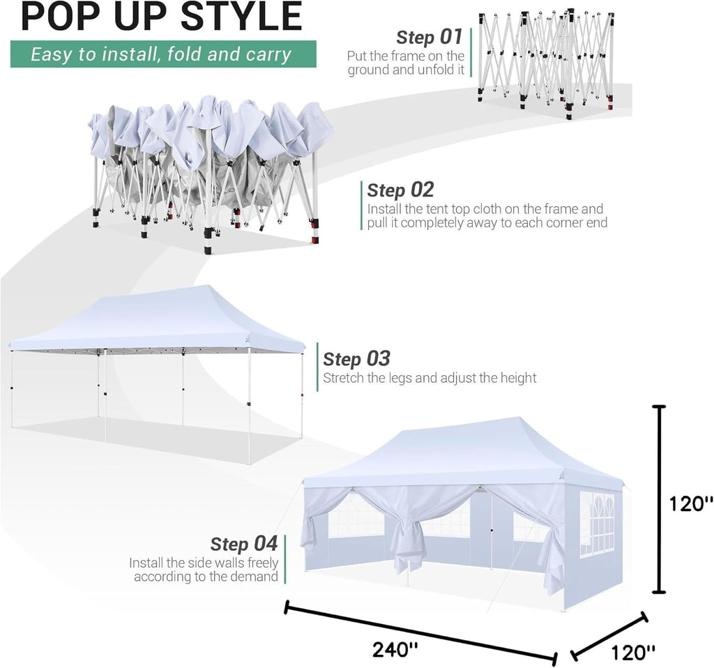 COBIZI 10x20ft Pop Up Canopy Tent with 6 Removable Sidewalls, Easy Up Commercial Canopy, Waterproof and UV50+ Gazebo with Portable Bag, Adjustable Leg Heights,Party Tents for Parties, with 4 Sandbags