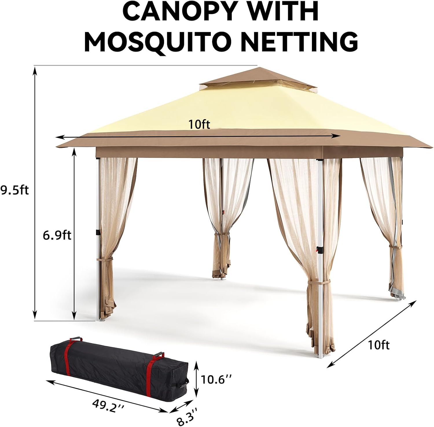 10x10 Pop Up Gazebo Tent with Mosquito Netting & Water,Resistant Oxford Canopy with Roller Bag,Instant Setup Outdoor Shelter for Backyard, Patio, Parties, Weddings, Outdoor Dining，Beige+Khaki