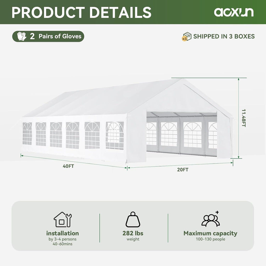 Aoxun 20x40 Party Tent Canopy for Weddings Waterproof Event Tent with Removable Sidewalls &Roll-up Door, Heavy-Duty Steel Frame for Outdoor Weddings, BBQ, Birthday Parties, & Camping,White