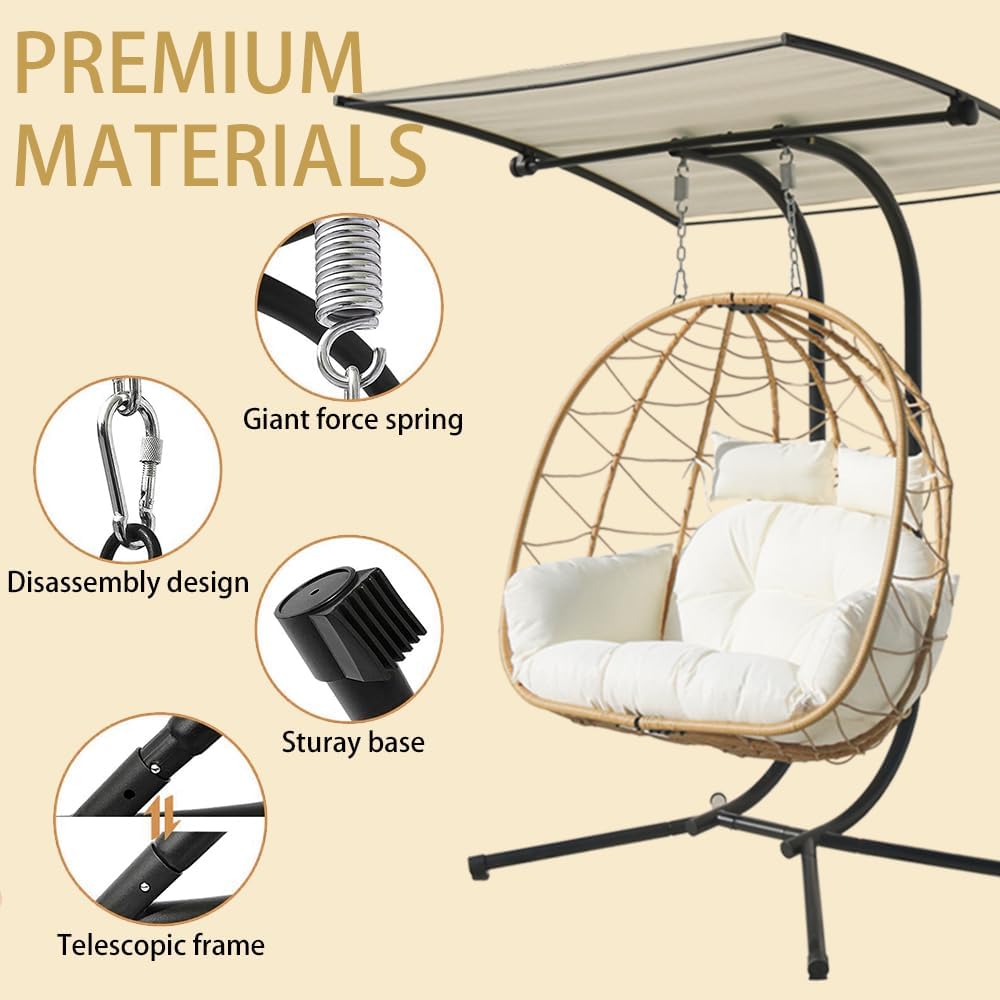 Double Egg Chair with Stand/Adjustable Canopy Patio Love Seats Hammock Chair Hanging Swing Wicker Rattan Basket for Outdoor Balcony Garden (Yellow+White)