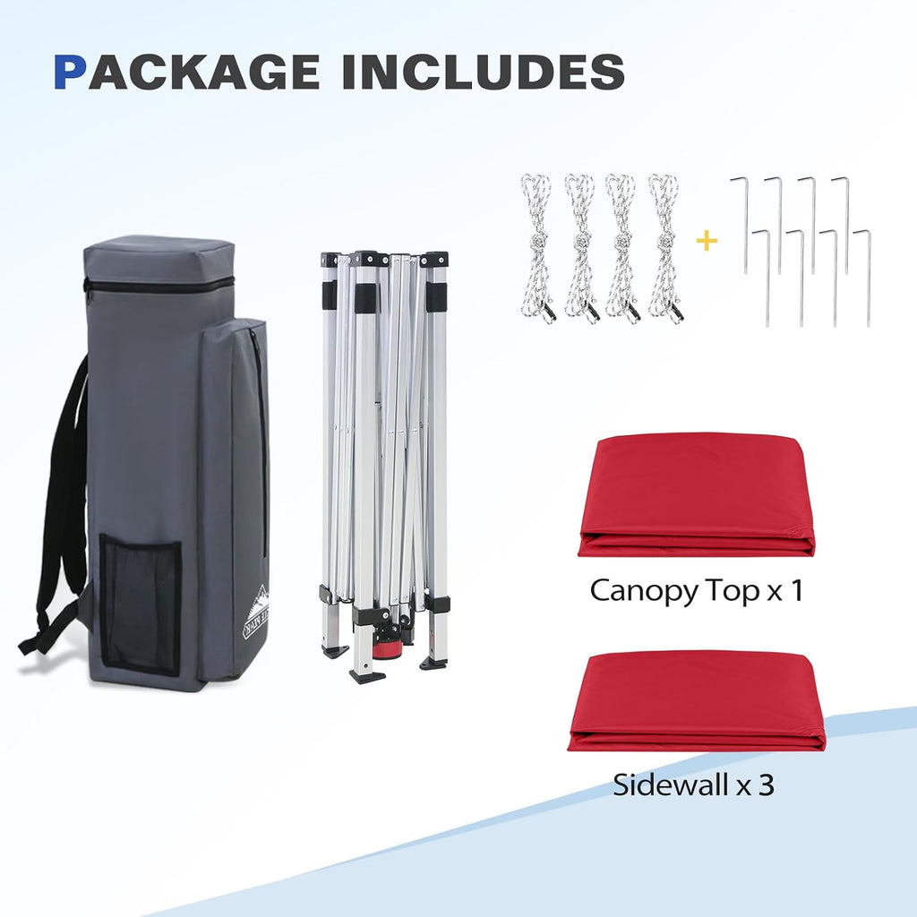 EAGLE PEAK Day Tripper 8x8 Aluminum Super-Lightweight Slant Leg Pop Up Canopy with 3 Removable Walls, Instant Outdoor Backpack Canopy Tent, Outside Beach Folding Sun Shelter, 8x8 Base 6x6 Top, Red