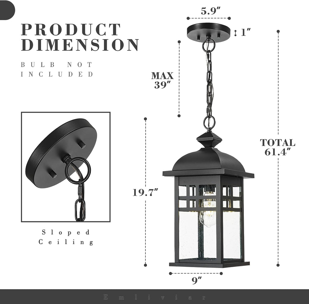 Emliviar 20' Farmhouse Outdoor Pendant Light, Large Outdoor Hanging Light for Porch Gazebo, Black Finish Aluminum with Seeded Glass Shade, DE279H-M BK