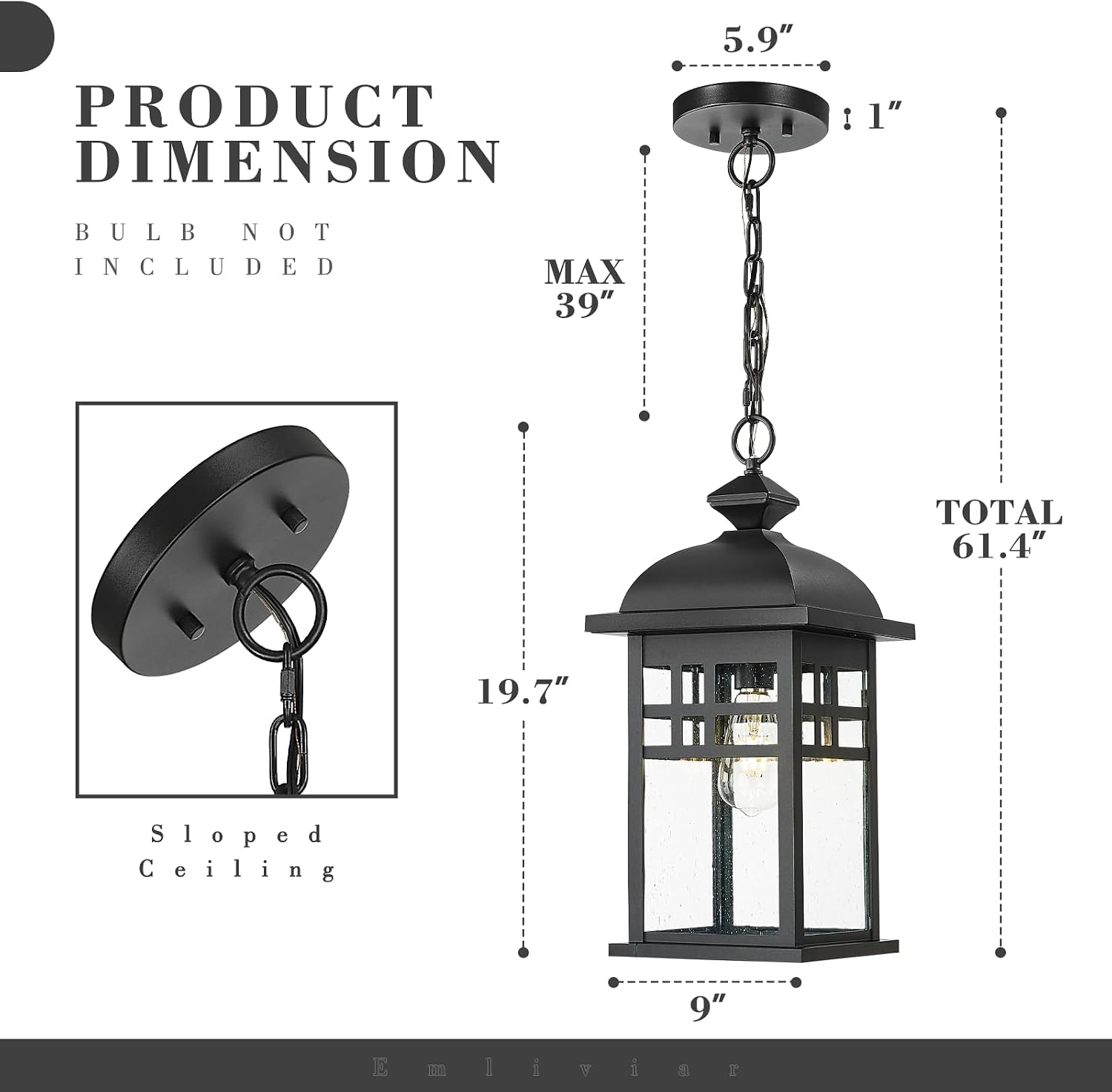Emliviar 20' Farmhouse Outdoor Pendant Light, Large Outdoor Hanging Light for Porch Gazebo, Black Finish Aluminum with Seeded Glass Shade, DE279H-M BK