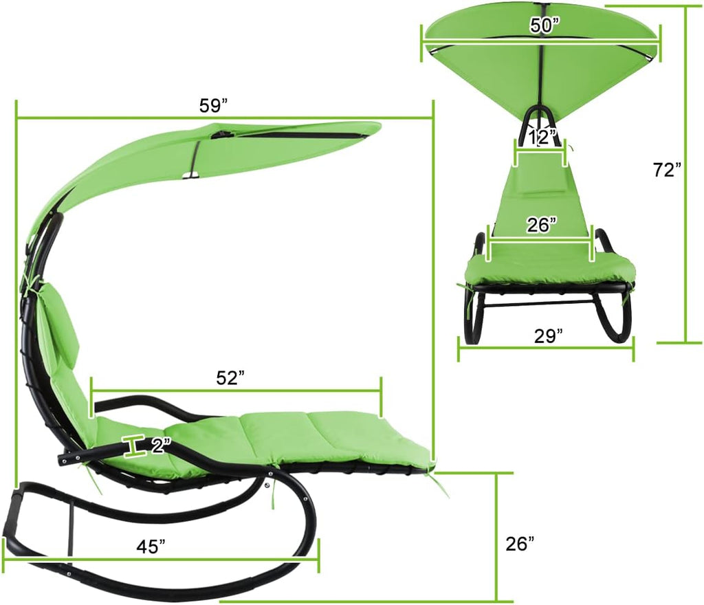 Outdoor Hammock Rocking Chaise Lounge Swing Chair, with Stand and Canopy, Porch Swing w/Soft Cushion Removable Headrest, Outdoor Recliner Rocking Chair for Garden Backyard Poolside (Green)