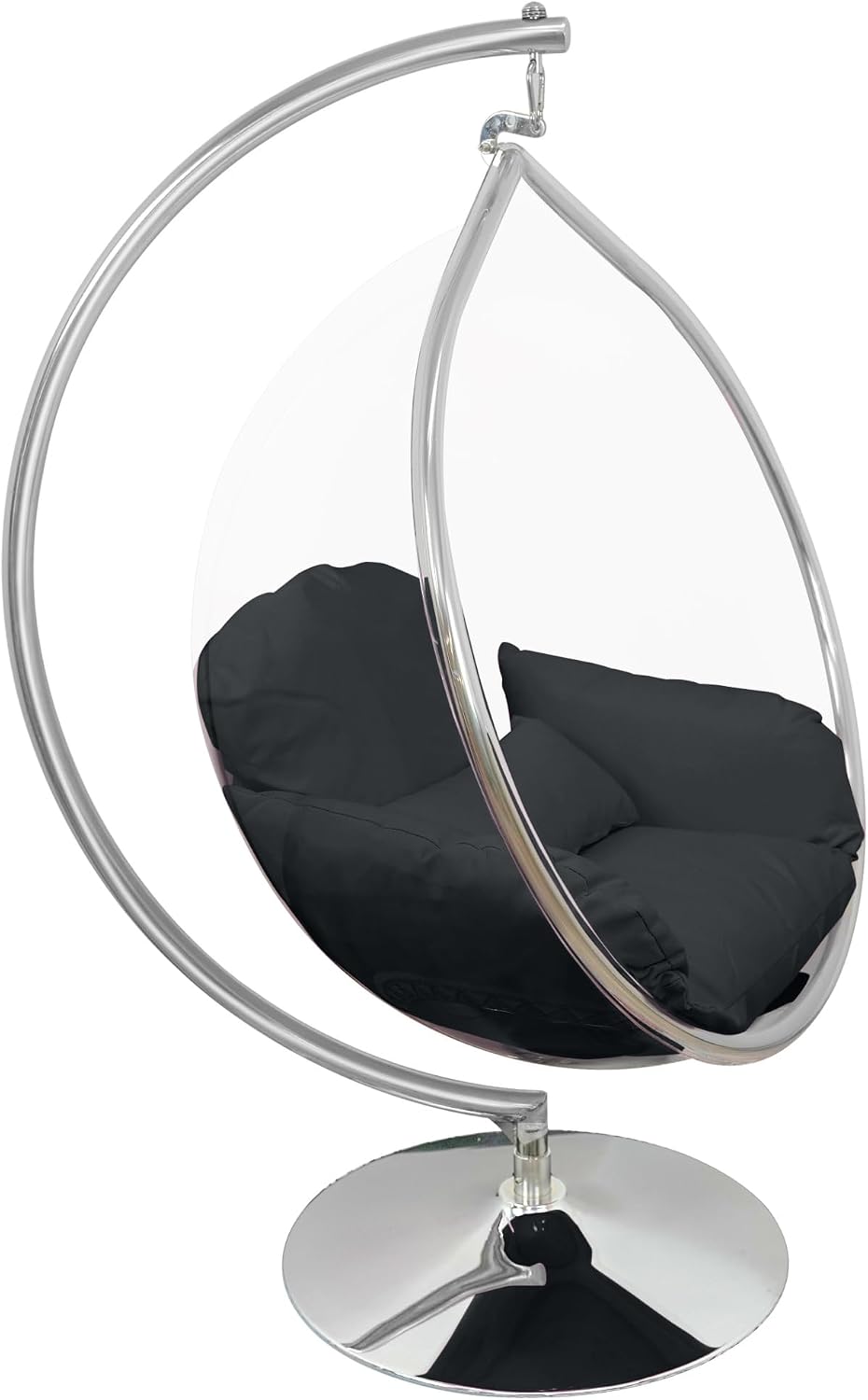 Hanging Chair - Transparent Acrylic Bubble, Waterdrop Shape, Indoor Swing Chair with Gold/Chrome Stand, Durable Fabric Cushion - Luxury Accent for Living Room, Bedroom (Chrome/Black)