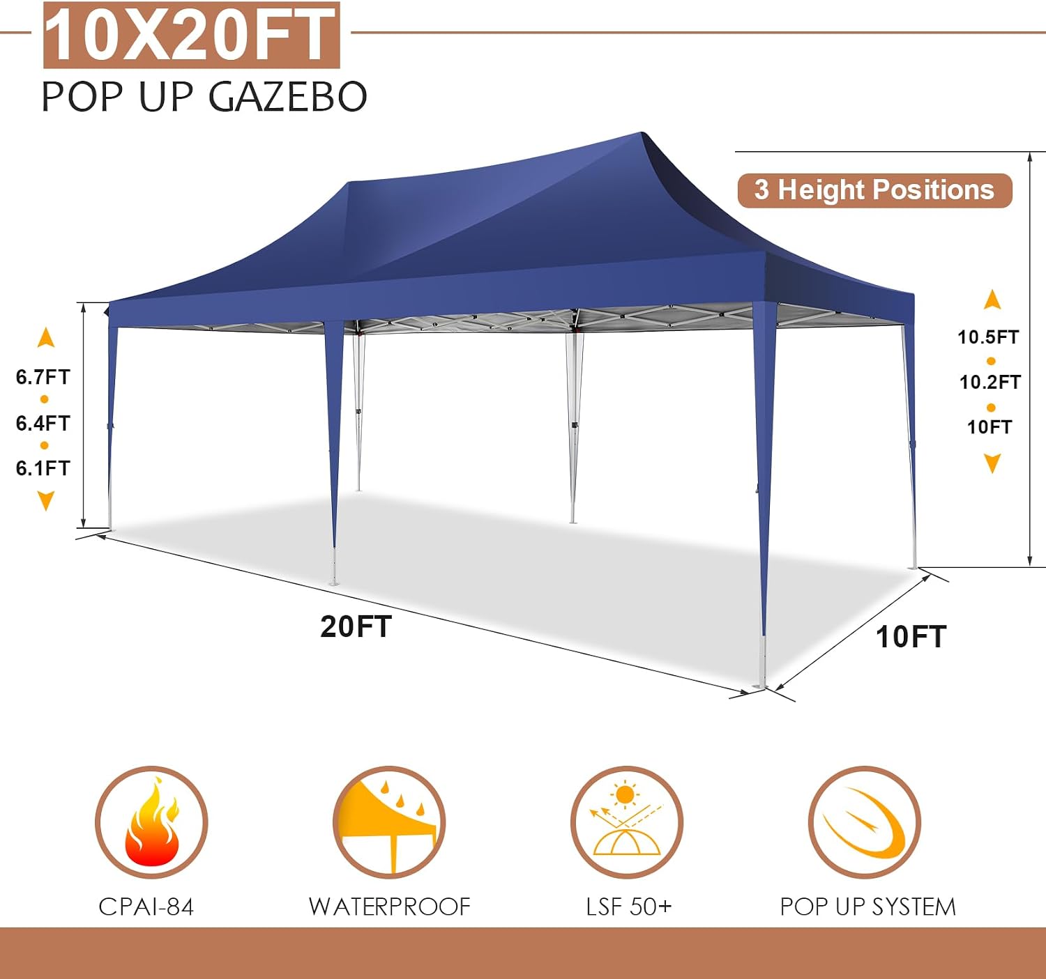 COBIZI Canopy 10x20 Pop up Canopy Tents for Parties 3.0, Upgrade Structure Wind & Waterproof Easy Set up UV Blocking with 6 Sidewalls Outdoor Commercial Party Tent Gazebo, Dark Blue