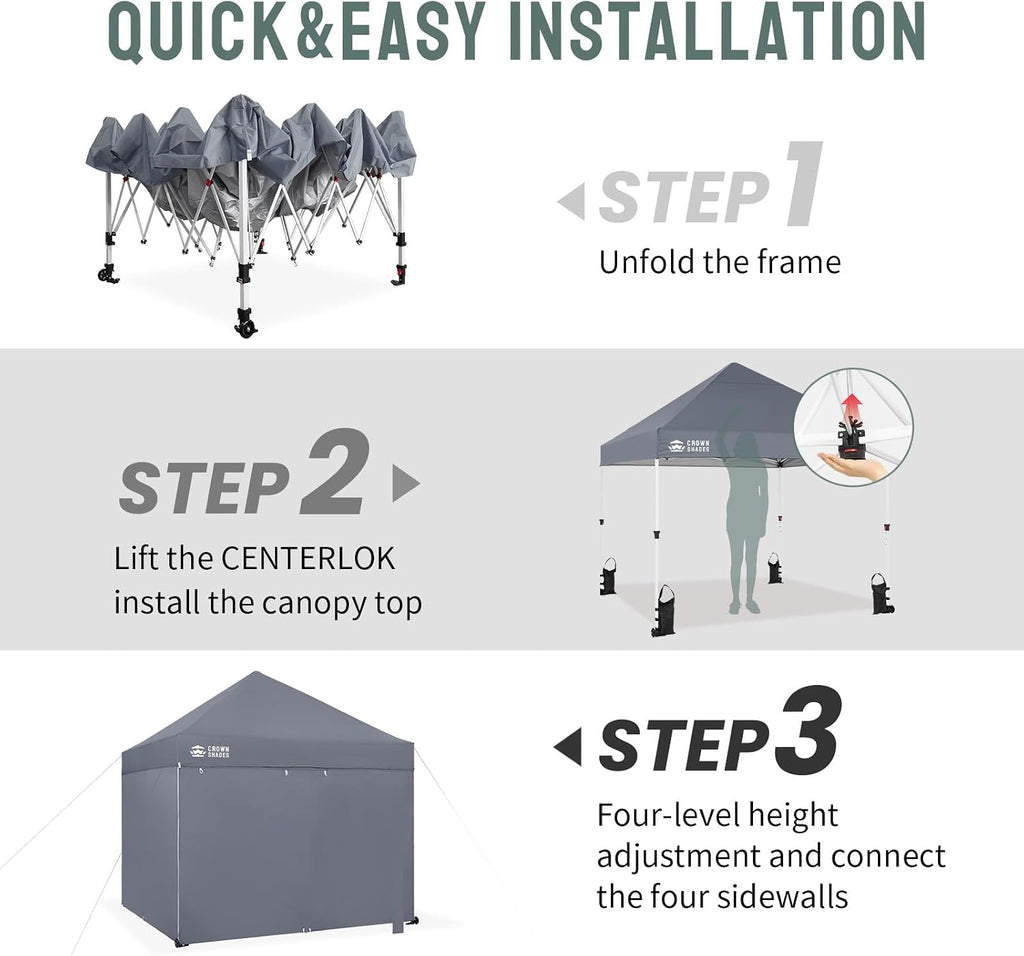 CROWN SHADES Pop Up Canopy Tent, 8x8 Commercial Canopy Tent with 4 Sidewalls, 4' Wheels, 4 Upgraded Weights, Patented Centerlock, 400D Fabric, Sto'N Go Bag, Gray